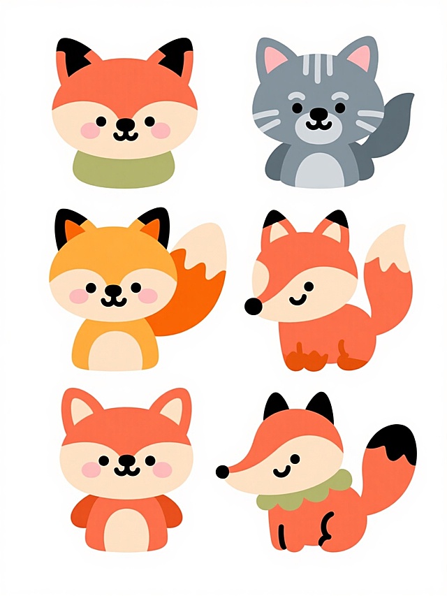 六个不同样式、不同种类、不同外观的卡通狐狸，保持平面矢量插画风格，圆润可爱的造型，简洁平滑的线条，鲜明饱和的色彩，白色背景，排列整齐，每个狐狸都有独特的姿态和细节特征，如不同的毛色搭配、耳朵形状、尾巴样式、表情神态和装饰元素，整体视觉统一和谐，充满童趣和活力。