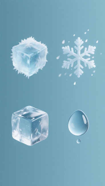 纯色背景上，软3D风格的系列素材集合，包含四个完全不同元素内容的规整排布：左侧上方是晶莹剔透的冰霜，呈现出半透明的质感和细腻的纹理；右侧上方是轻盈飘落的雪花，每一片都有独特的六角形结构；左侧下方是棱角分明的冰块，表面光滑且带有反光效果；右侧下方是圆润饱满的雨滴，仿佛刚从空中落下，带着湿润的光泽。每个元素都保持了与原图一致的软3D视觉风格，整体画面色彩进行了变换，营造出清新、自然的氛围，元素之间……预览效果