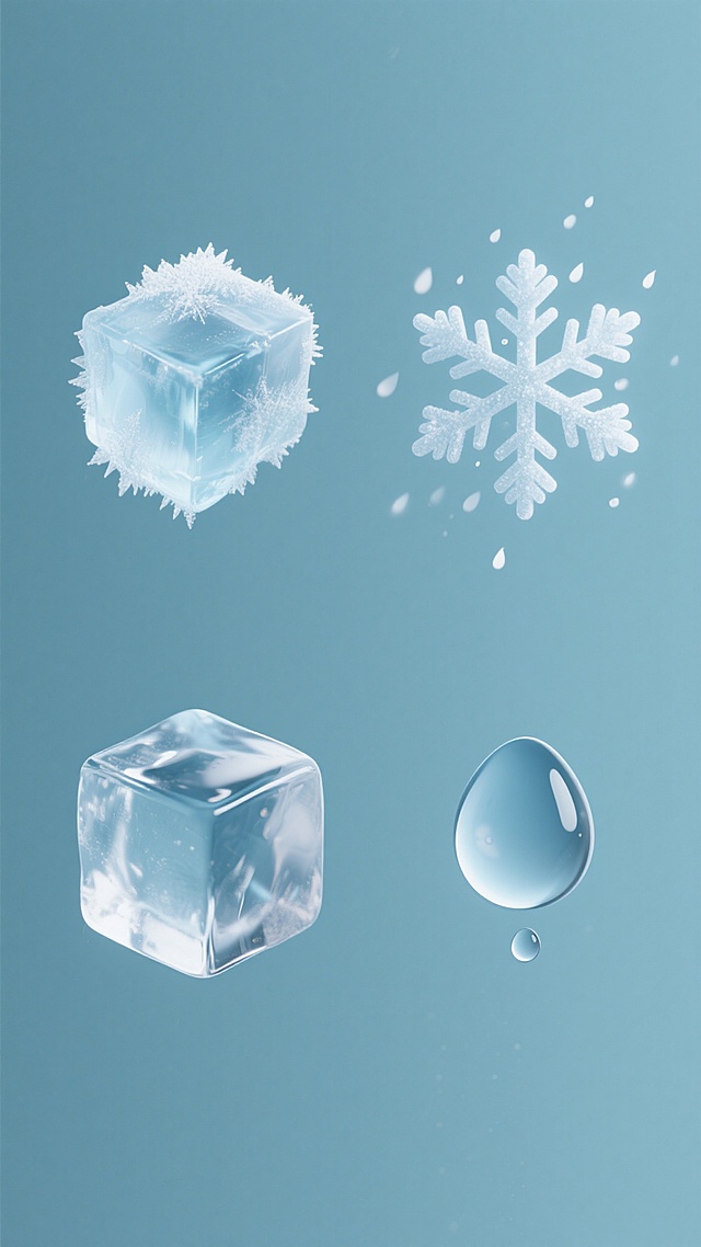 纯色背景上，软3D风格的系列素材集合，包含四个完全不同元素内容的规整排布：左侧上方是晶莹剔透的冰霜，呈现出半透明的质感和细腻的纹理；右侧上方是轻盈飘落的雪花，每一片都有独特的六角形结构；左侧下方是棱角分明的冰块，表面光滑且带有反光效果；右侧下方是圆润饱满的雨滴，仿佛刚从空中落下，带着湿润的光泽。每个元素都保持了与原图一致的软3D视觉风格，整体画面色彩进行了变换，营造出清新、自然的氛围，元素之间布局规整，形成和谐统一的整体。