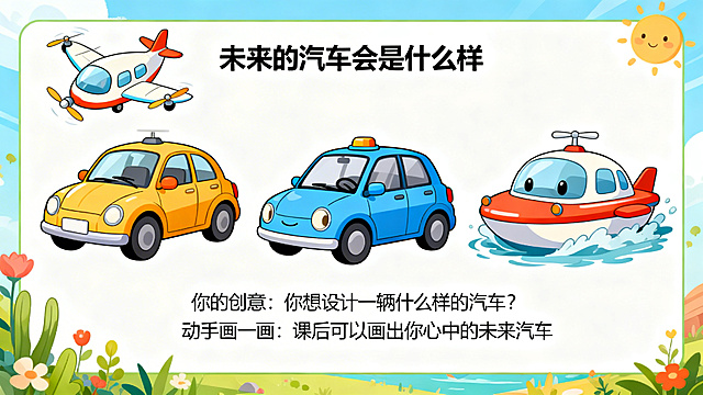 卡通风格PPT页面，主题是未来的汽车会是什么样，分别展示会飞的汽车、无人驾驶汽车、海陆空三栖车的创意卡通插图，底部有“你的创意：你想设计一辆什么样的汽车？”和“动手画一画：课后可以画出你心中的未来汽车”的文字，整体充满想象力，色彩活泼，适合10-11岁小朋友