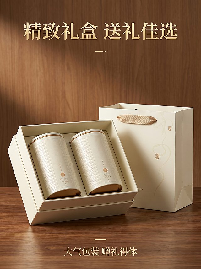 [详情页6 包装展示]大红袍礼盒包装细节竖版详情页。氛围风格：精致大气，突出送礼属性。画质：商业摄影质感、光线柔和通透、产品清晰真实、画面干净高级。元素：打开的礼盒展示双罐茶叶，完整呈现礼盒内部结构，外部手提袋搭配展示，实木背景衬托。保持礼盒、茶罐外观颜色与原图一致，细节准确。主体占比约70%，满屏展示。光影：柔和侧光凸显包装压纹质感，明暗清晰。配色：米白+浅金+木色，雅致高级。文字版式：顶部大标题 "精致礼盒
送礼佳选"，底部小字描述 "大气包装 赠礼得体"。比例：3:4，2k分辨率，文字清晰，超高清。负向提示词：变形，水印，文字错乱，产品图模糊，背景杂乱。