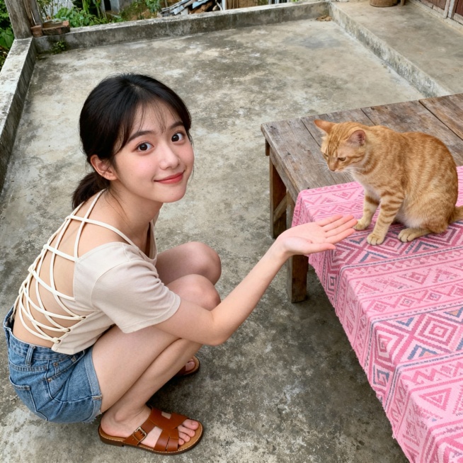 一张高角度拍摄的超写实抓拍照片，展现了一位年轻的亚洲女性蹲在水泥露台上。她回头看向镜头，表情十分独特：双唇紧抿，带着一丝羞涩的微笑，眼睛又大又圆，眼窝深邃，眼下有明显的卧蚕，显得可爱又调皮。她皮肤白皙预览效果