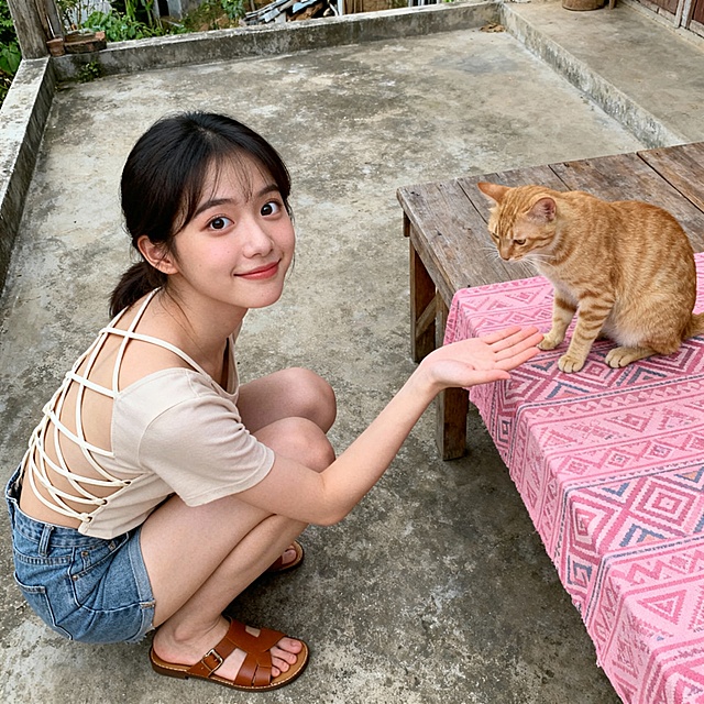 一张高角度拍摄的超写实抓拍照片，展现了一位年轻的亚洲女性蹲在水泥露台上。她回头看向镜头，表情十分独特：双唇紧抿，带着一丝羞涩的微笑，眼睛又大又圆，眼窝深邃，眼下有明显的卧蚕，显得可爱又调皮。她皮肤白皙透亮。她身穿短袖，有细细的交叉绑带，下身穿着牛仔短裤，赤脚穿着棕褐色凉鞋。她正向一只姜黄色的猫伸出手，猫咪在一张铺着粉色部落几何图案桌布的木桌旁。乡村风格露天庭院，粗糙混凝土地面，自然日光，柔和阴影，聚焦于眼睛和嘴部表情，8K分辨率，原始风格。