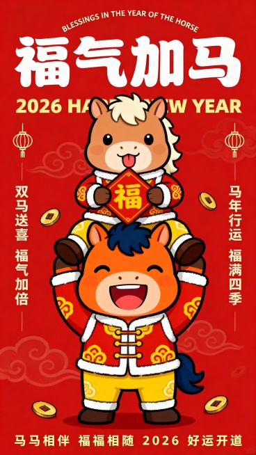 拟人的马，和人一样双脚站立，正面，童趣手绘风格新年插画，平涂色彩，以高饱和度正红色为背景，点缀祥云纹样与钱币图案，画面主体是两只叠放的Q版拟人的马，下方是体型较大的橙色拟人马，搭配深蓝色的鬃毛，大笑，预览效果