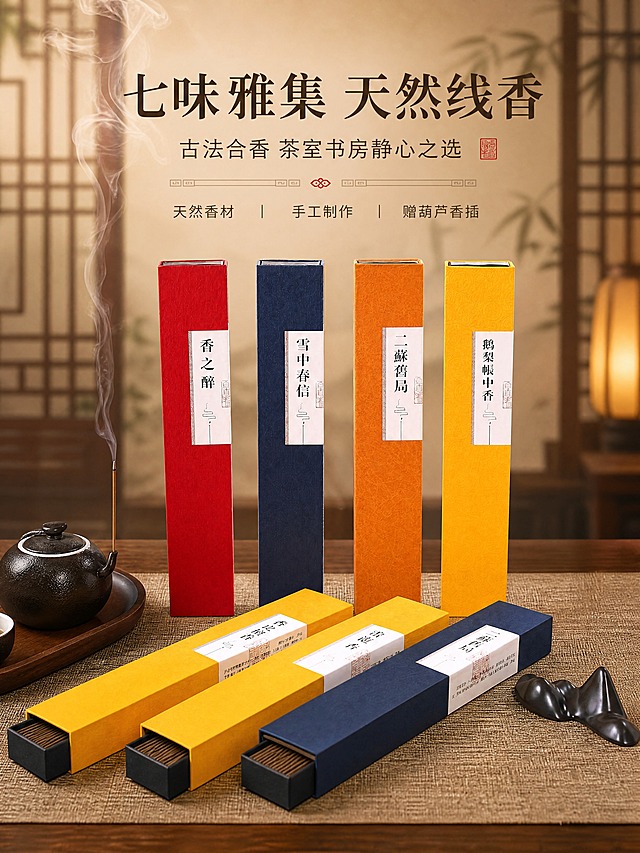 [商品] 使用【图6】7款线香礼盒全家福；保留每款包装盒的颜色、标签文字（香之醉/雪中春信/二苏旧局/鹅梨帐中香等）、盒型结构、线香颜色与材质；清晰化包装标签文字，不改变商品本体文字内容。
[画面] 第1张·氛围头图KV，目标营造新中式禅意熏香氛围，展示7款线香全家福；构图居中对称，4款立盒后排+3款卧盒前排，主体占画面65%，新中式茶席桌面，左侧紫砂壶与茶盘，右侧山形香座，背景虚化中式屏风与暖光，前景一缕青烟袅袅升起，阅读动线从上至下；前景点烟青烟、中景产品阵列、后景虚化木格栅屏风。
[视觉] 套系策略：风格=新中式禅意国风商业摄影；标题字=宋体衬线粗体；正文字=简洁无衬线体；主色=暖棕米杏；背景延展=基于暖棕米杏做深浅层级、同色渐变和细腻宣纸/麻布质感；强调色=朱砂红，仅用于小面积印章、引线和标签点缀；标题色=深炭褐；正文色=中暖灰；组件=细线圆角信息卡、中式回纹分隔线、印章元素；光影=左前侧45度暖柔光，柔和阴影，烟雾逆光勾勒。
[文字] 画面上方居中主标题「七味雅集 天然线香」，副标题「古法合香 茶室书房静心之选」，下方3个短卖点：天然香材 | 手工制作 | 赠葫芦香插；文字区不遮挡包装盒主体与标签文字，横排排版。
[规格] 图片比例3:4竖版，4K分辨率，负向提示：避免变形、错字、文字过小、冷蓝/蓝灰背景、包装盒颜色改变、标签文字错乱、现代感过强元素。