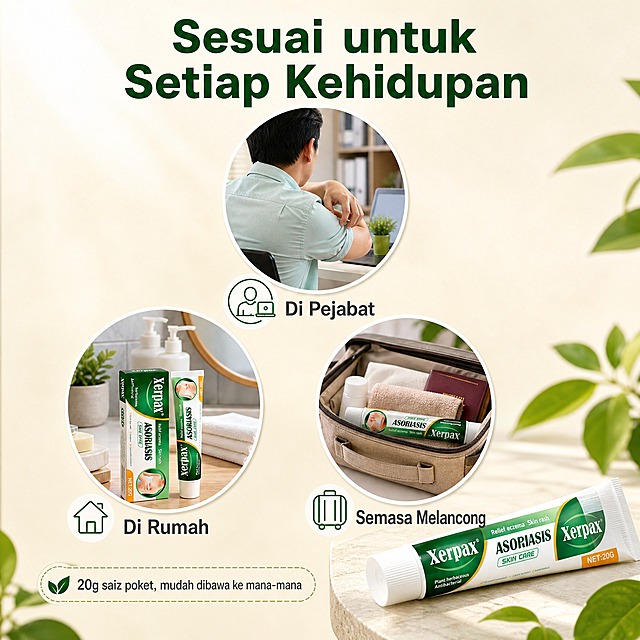 [主图-6] Xerpax Krim Psoriasis Herba Tumbuhan 20g 适用人群与场景展示图。
[统一基调] 东南亚马来西亚市场，马来语上图文案，明亮暖调植萃天然风格，主色为清新绿+奶油白+少量橙黄点缀，主标题用干净无衬线粗体深绿色，辅助文字用深灰色，图标用细线简约风格，整体清爽专业，移动端易读。
[画面] 产品软管位于画面右下角，斜放。画面主体是三个圆形场景小窗，呈品字形排列：1) 上方小窗：办公室场景中一位东南亚男性（仅背影和肩部）正在抓挠手臂，暗示工作时皮肤困扰 2) 左下小窗：居家浴室台面摆放着护肤品和Xerpax，暗示日常护理 3) 右下小窗：旅行包内装着Xerpax小管，暗示便携出行。背景为柔和的浅米色。产品外观与输入图完全一致。
[光影质感] 场景小窗内为真实生活摄影质感，整体光线明亮温暖，产品有真实质感。
[配色] 浅米色背景，深绿标题，白色圆形图框，场景内自然色彩。
[文字版式] 顶部大标题马来语："Sesuai untuk Setiap Kehidupan"，粗体深绿色。三个小窗下方分别标注："Di Pejabat"、"Di Rumah"、"Semasa Melancong"。底部一行小字："20g saiz poket, mudah dibawa ke mana-mana"。文字均为马来语，横排。
[输出要求] 比例1:1，2048x2048，场景真实自然，产品清晰，文字锐利。负向：人物面部清晰、变形、错字、模糊、水印、中文、场景杂乱。
