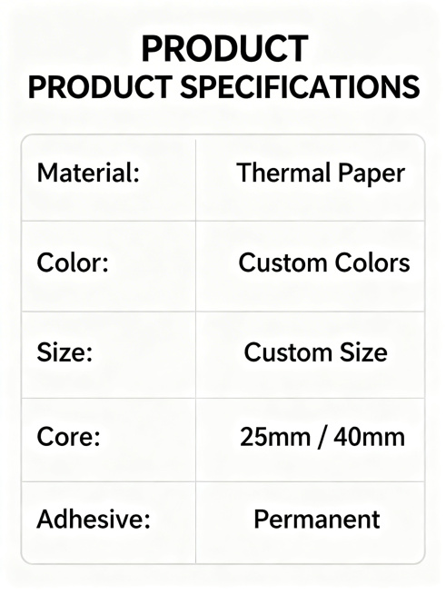 产品规格参数图，表格风格设计，顶部标题写"PRODUCT SPECIFICATIONS"，表格内容：Material: Thermal Paper；Color: Custom Colors；Size:预览效果