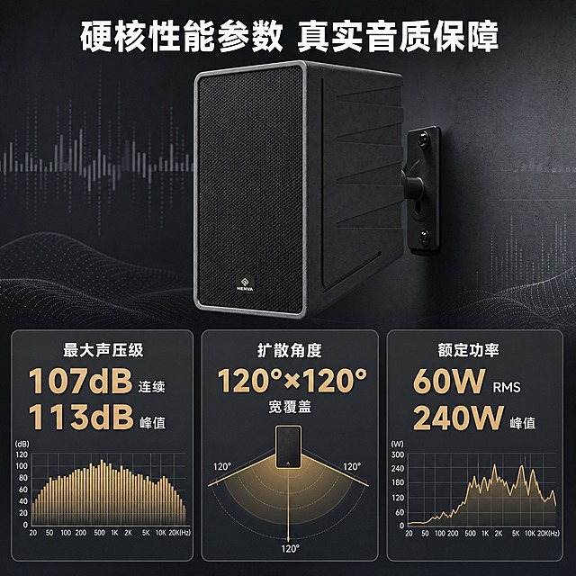 [商品] 使用【图1】HENVA HW-CP04黑色壁挂音箱；保留方正箱体结构、黑色网罩、正面HENVA Logo、侧面斜切造型和灰色包边，颜色材质不变。
[画面] 目标：核心性能实测数据可视化。多指标卡片型版式，画面上方为产品侧挂角度展示占约35%，下方排列3张性能数据卡片，分别展示声压级、扩散角度、功率参数，配数据图表和波形图形，背景为深灰渐变带数据可视化元素，阅读动线从上产品到下数据卡片。
[视觉] 套系策略：风格=专业科技商业摄影风；标题字=粗黑无衬线黑体；正文字=简洁无衬线中黑体；主色=深炭灰；背景延展=基于深炭灰做深浅渐变、哑光质感和数据波形纹理；强调色=冷香槟金，仅用于数据高亮、图表曲线和性能标签；标题色=纯白；正文色=浅银灰；组件=数据卡片、波形图表、数值大字、性能等级条；光影=冷调顶光，产品与数据卡片层次分明。
[文字] 顶部主标题"硬核性能参数 真实音质保障"，下方3张卡片：第一张「最大声压级 107dB连续 / 113dB峰值」配声波柱状图，第二张「扩散角度 120°×120° 宽覆盖」配角度扩散示意图，第三张「额定功率 60W RMS / 240W峰值」配功率波形图，文字全部横向排版，数字醒目突出。
[规格] 图片比例1:1方版，4K分辨率，避免变形、错字、文字过小、产品颜色改变、结构失真、虚构参数、极限词。