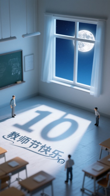 教室沉浸在一片静谧之中。月光如轻纱般，透过洁净的窗户，温柔地洒落在教室的地面上。窗户边框线条简洁流畅，在月光的映照下，其影子与月光相互交织，巧妙地在地面上生成了数字 “10” 的艺术影子。在数字 “1预览效果