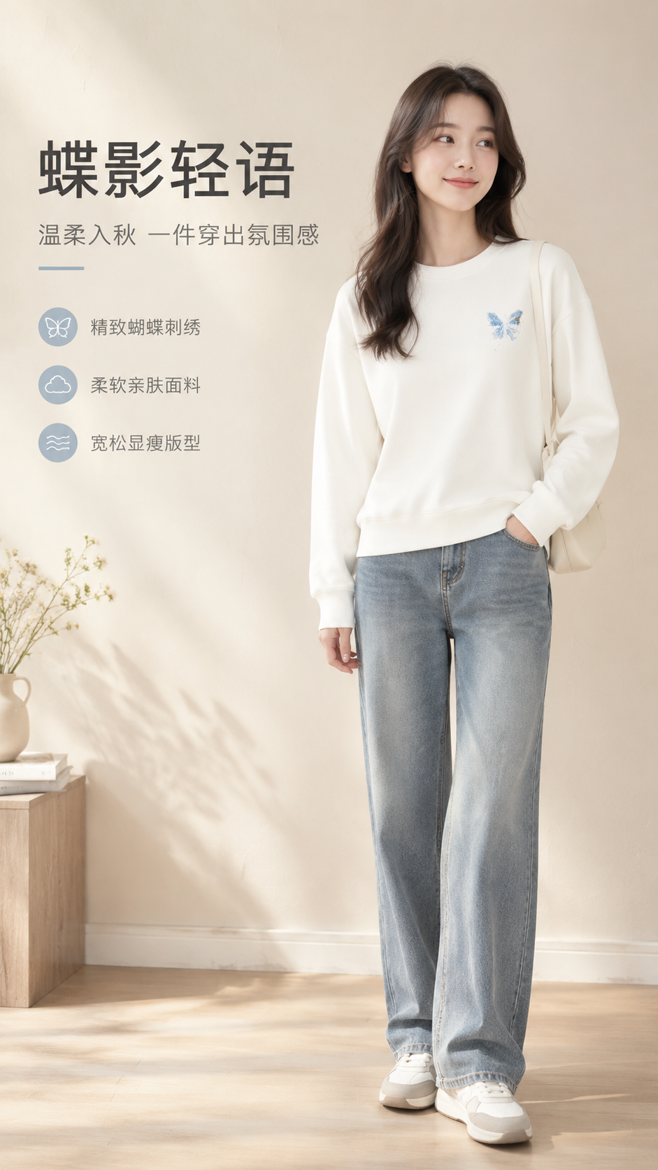 [商品] 使用【图1】米白色圆领卫衣；商品处理：保留圆领、落肩… - 图片创意预览