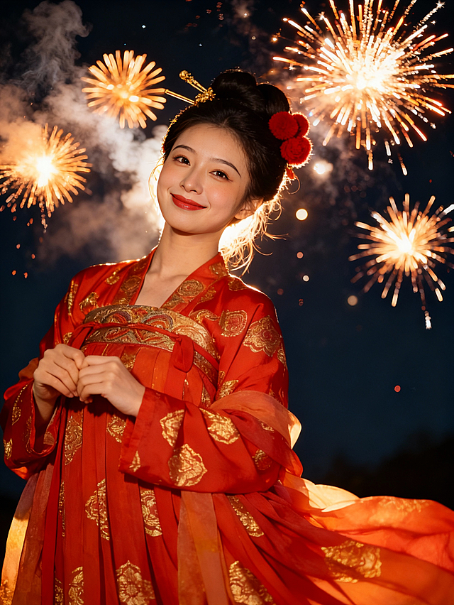 国潮风与鎏金风交融，古典汉服映衬烟花绽放，光影流动间尽显喜庆与梦幻，肌理质感与重拟物设计强化视觉氛围，优雅唯美中透出浓厚民族感。