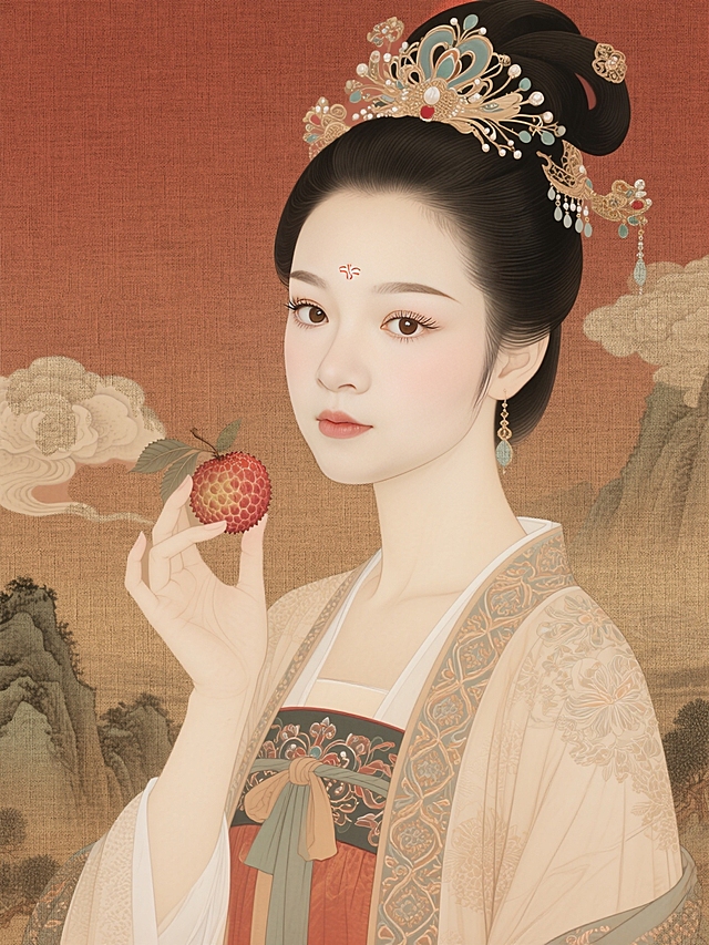 身穿唐代精美纹理服饰，高冷、大眼、丹凤眼、长睫毛、华丽发饰，手持荔枝相关物件，古风影视海报质感，暖棕红渐变背景，融入山水云纹，色调古朴典雅，有传统工笔渲染韵味