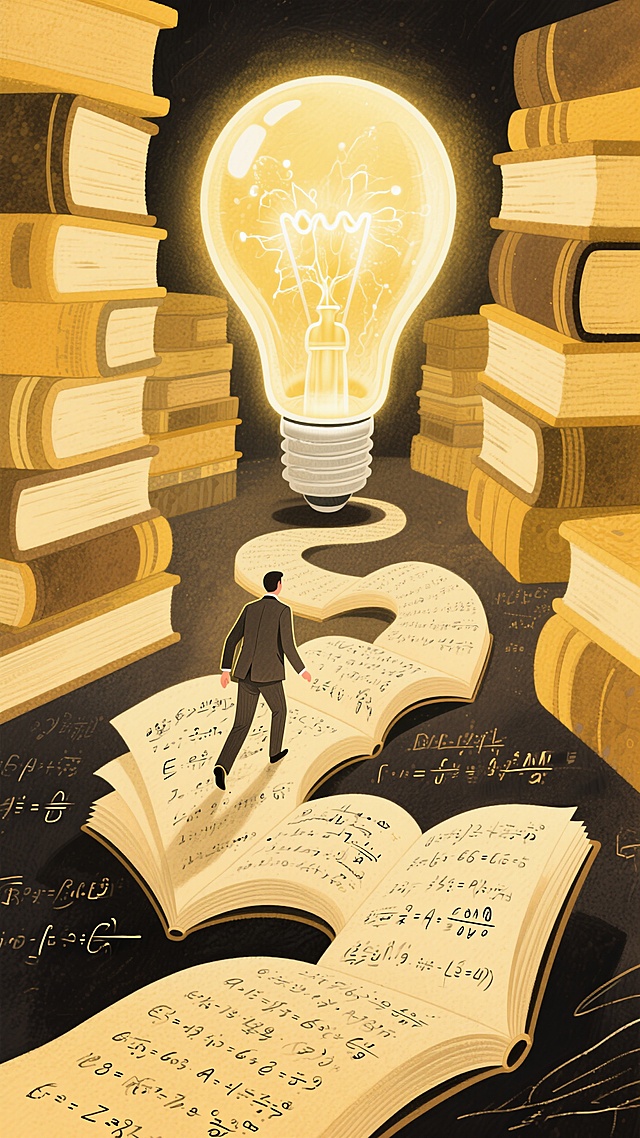 金色调，画面视觉中心是一个巨大的发光灯泡，灯泡内有闪耀能量粒子，一位身着西装的人物正沿着由翻开书本变形而成的蜿蜒道路朝灯泡方向行走，书页上布满数学公式，背景融入堆叠书籍，整体色调暖黄与暗部对比
