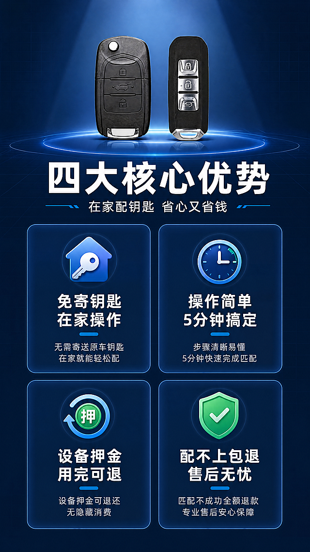 [第3张] 详情页核心卖点总览-宝骏遥控钥匙四大优势。本张使用【图1】中的两款钥匙作为产品展示元素。
[氛围/风格] 科技专业风，深蓝底色配光效，信息卡片式布局，商业设计质感。
[元素布局] 画面上方居中展示两款宝骏钥匙的缩小版组合图，占比约25%；下方分4个大卡片分区展示四大核心卖点，2x2网格布局；每个卡片含图标、标题和简短说明；背景为深蓝色渐变，配细微科技网格纹理。
[光影质感] 顶部产品区有聚光效果，卡片有轻微悬浮投影，整体明亮清晰，科技感十足。
[配色色系] 全局底色 #0F2B5B 深蓝；主色科技蓝 #2D7FF9；辅助色白色、浅灰；点缀色绿色 #34D399 用于保障类卖点。
[视角构图] 上下结构，上产品下卖点矩阵，阅读动线从上至下、从左到右。
[文字版式] 产品下方主标题「四大核心优势」，副标题「在家配钥匙 省心又省钱」，粗黑体居中；四张卖点卡片：左上「免寄钥匙 在家操作」配钥匙+房子图标，左下「设备押金 用完可退」配押金退还图标，右上「操作简单 5分钟搞定」配时钟图标，右下「配不上包退 售后无忧」配盾牌图标；每张卡片标题+一行说明文字，字号适中清晰。
[比例分辨率] 9:16 竖版比例，4K分辨率，文字清晰可辨，高清画质。
[负向提示词] 钥匙变形，缺件错件，颜色偏差，水印，文字错乱，产品图模糊，卡片排版混乱。