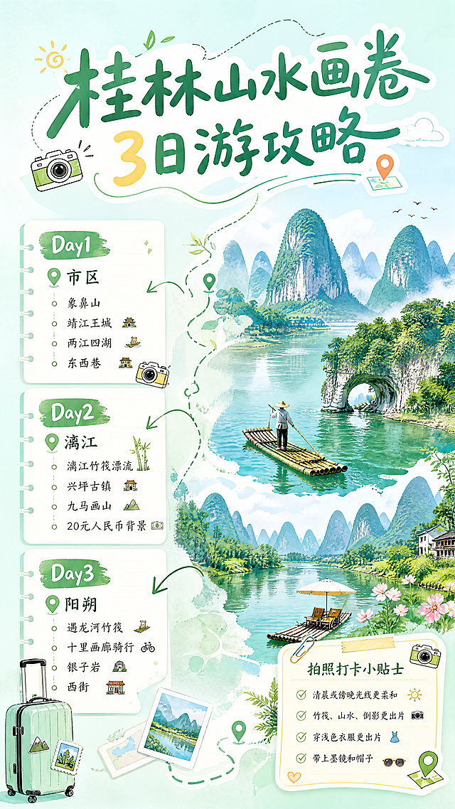 小红书笔记封面海报，桂林山水旅游攻略主题，简约清新山水画卷风格，整体配色青绿色+浅薄荷渐变底色，清新治愈氛围感；顶部大标题写"桂林山水画卷3日游攻略"，左侧排版3天行程路线Day1市区、Day2漓江、Day3阳朔分区展示，右侧搭配桂林山水、漓江竹筏、遇龙河风景实景插画，右下角添加拍照打卡小贴士小模块，整体用手绘地图、行李箱、打卡小图标点缀；字体采用圆润可爱手写字体，清晰醒目；画面干净通透，清新ins旅行风，高饱和度山水景色，适配小红书爆款封面比例，排版错落高级，成品可直接商用发布