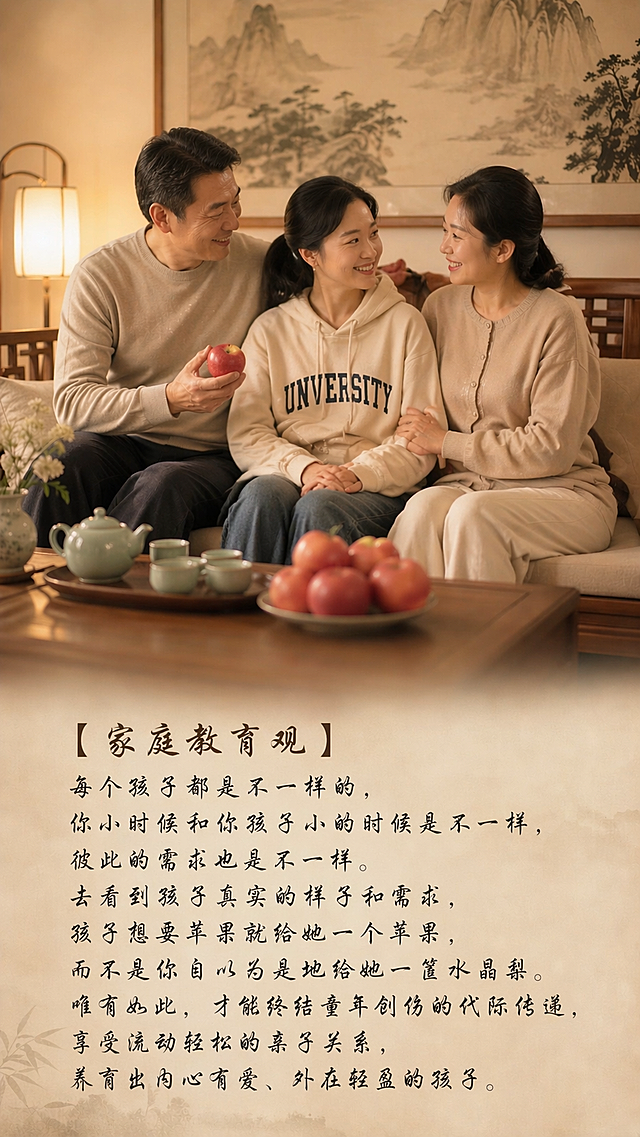 让女孩子坐在父母中间，保留其他内容和布局不变，保留下方的【家庭教育观】文字文案