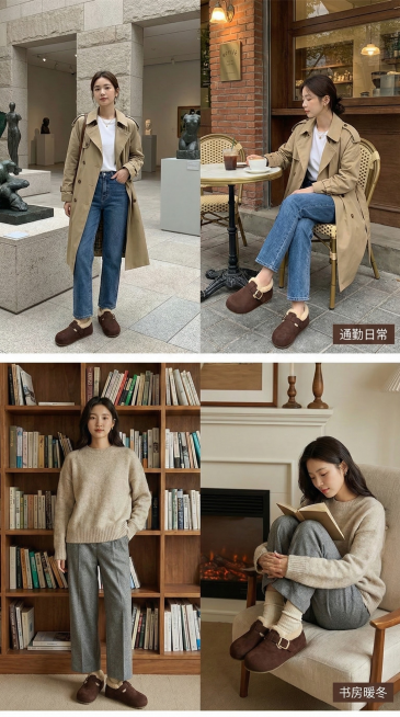 每屏并列2张穿搭场景图。

图1 (秋)：女模特卡其色风衣 + 直筒牛仔裤 +产品。背景是美术馆或咖啡馆外。

图2 (冬)：女模特燕麦色羊绒衫 + 灰色羊毛西裤 + 羊毛袜 +产品。背景是家中书架前预览效果