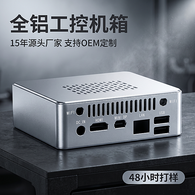 [主图 1] 1U-6U全铝工控机箱首图。[氛围风格] 工业风，科技冷感，理性精准，质感高级。[画质] 商业摄影质感，C4D Octane物理级超写实渲染，产品清晰真实，画面干净高级。[元素] 全铝机箱居中放置，整体占比约70%，保留原产品银色铝合金材质、接口开孔设计，结构外观与输入图保持绝对一致，杜绝变形色差，精细化处理金属细密拉丝纹理与高频高光。背景为深色哑光工业风工作室台面，叠加微弱体积光与轻雾粒子。商品主体占比严格控制在60%-80%，画面满屏无边框。[光影] 真实冷光高对比光影，侧逆光塑形，边缘高光突出金属箱体反射，避免大面积泛白，暗部有层次。[配色] 主色调银灰色工业风，深灰背景衬托主体。[视角构图] 平视居中，产品轮廓完整不裁切，景深中等。[文字版式] 左上负空间左对齐留安全边距，大字文案"全铝工控机箱"，深灰色粗体无衬线最大字号；下方辅助文案"15年源头厂家 支持OEM定制"，字号缩小一半同色。右下圆角胶囊标签"48小时打样"，深底白字。文字不遮挡主体，深底浅字对比清晰。[比例分辨率] 1:1 比例，2k 分辨率，文字清晰可辨，超高清。[负向提示词] 变形，水印，文字错乱，产品模糊，背景杂乱，遮挡主体，配色刺眼，噪点曝光过度。