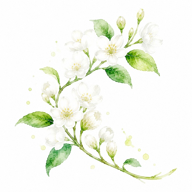 参考原图水彩手绘风格，将茉莉花主枝条调整为自然弯曲的弧度，保持原有清新淡雅白色花朵配绿叶的水彩质感，白底，枝条整体更弯曲，适合包装设计使用