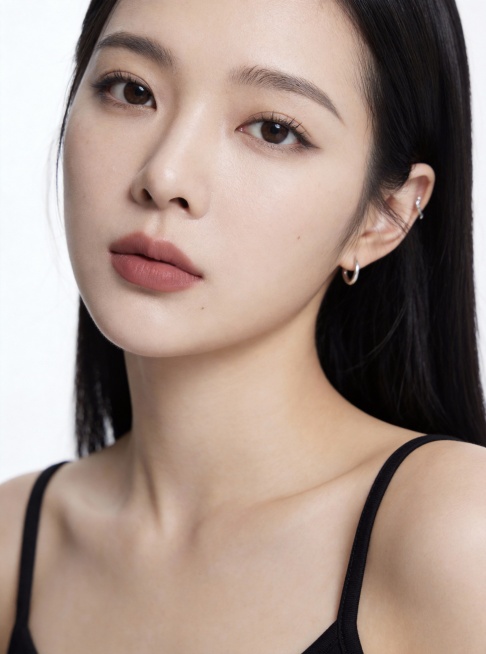 保持图1不变，保持图1模特面部特征、轮廓、表情肌肉结构、发型不变。图中模特发型是黑长直，放在肩后，唇部雾面哑面，身穿黑色棉质背心，肩膀放松自然，模特表情自然，妆容精致，眼睛真实自然，眼神有神聚焦，黄金预览效果