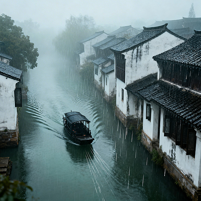 写实风景摄影，江南烟雨，细雨朦胧中的古村，白墙湿润，乌篷船划过水面，水墨意境
