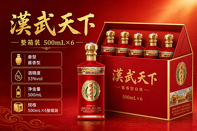 [主图2] 规格参数信息图，展示整箱装规格与核心参数。
[统一基调] 中国红渐变背景，金色祥云暗纹与暖金光晕，喜庆高端大气；主标题为金色粗书法体"漢武天下"，漢字用繁体且笔画带自然连笔，辅助文字用白色和浅金色细黑体；强调色为金色，信息卡片采用金色描边轻半透明样式。
[画面] 整箱6瓶漢武天下白酒开箱展示，6瓶整齐排列在红色礼盒内，前方单瓶立放，箱体"漢武天下 酱香型白酒 500mL×6"清晰可见；左侧信息区用金色细线信息卡列出：香型 酱香型、酒精度 53%vol、净含量 500mL、规格 500mL×6整箱装，每项配金色小图标（酒樽、度数、瓶身、箱体）。产品外观与输入图一致，红色釉面酒瓶、金色皇冠瓶盖、蓝宝石点缀、椭圆金雕绿玉底竖牌完整呈现。
[光影质感] 商业摄影质感，暖金色主光，玻璃瓶身与烫金箱体自然反光，接触影柔和。
[配色] 红金主色，白/浅金文字。
[文字版式] 左信息右产品布局，主标题"整箱装 500mL×6"金色书法字，参数小字白色清晰，信息卡不遮挡产品。
[输出要求] 横版750×500；产品外观与输入图完全一致，杜绝变形和色差；文字清晰可读；禁止水印、平台Logo、错字、模糊、杂乱。