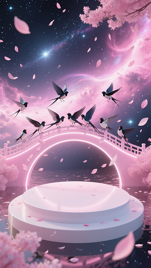 七夕，梦幻3D场景，樱花飘落，飞鸟环绕，桥影映水，超现实浪漫氛围。
