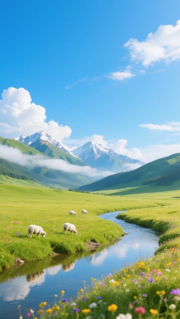 一片广阔无垠的绿色草原，远处是连绵起伏的青山，山顶覆盖着皑皑白雪，山间云雾缭绕，宛如仙境。一条蜿蜒的小河从草原上缓缓流过，河水清澈见底，倒映着蓝天白云。草原上点缀着五颜六色的野花，几只白色的绵羊在悠闲地吃草，天空湛蓝，飘着几朵洁白的云朵，阳光明媚，洒在草原上，给草原披上了一层金色的光辉，整个画面充满了生机与活力，宁静而祥和。预览效果