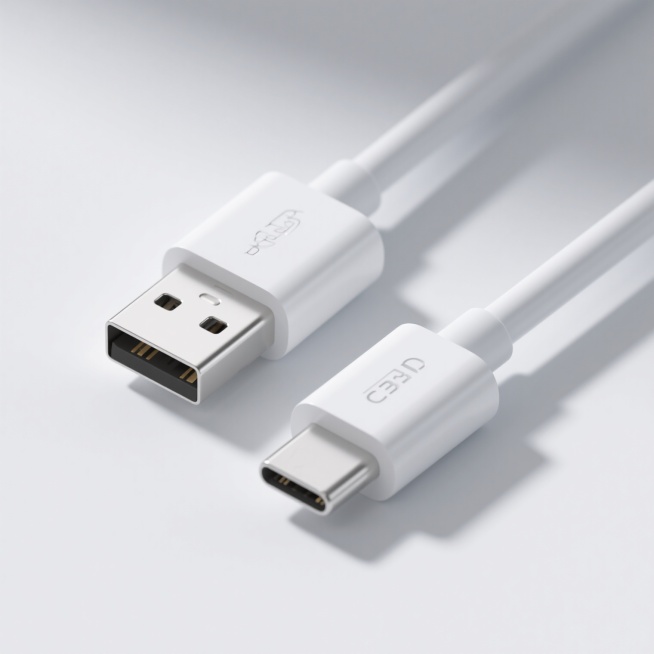 一张展示白色充电线的产品图片，充电线两端分别为USB-A接口和USB-C接口，接口外壳为圆角矩形设计，线缆为纯白色、光滑材质，整体呈现出简洁、现代的3D渲染风格，光线明亮柔和，阴影轻微且自然，背景为纯白色，突出产品主体，构图居中对称，具有清晰的产品展示效果，符合电子产品配件的简洁实用设计美学。预览效果
