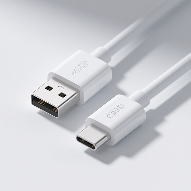 一张展示白色充电线的产品图片，充电线两端分别为USB-A接口和USB-C接口，接口外壳为圆角矩形设计，线缆为纯白色、光滑材质，整体呈现出简洁、现代的3D渲染风格，光线明亮柔和，阴影轻微且自然，背景为纯白色，突出产品主体，构图居中对称，具有清晰的产品展示效果，符合电子产品配件的简洁实用设计美学。