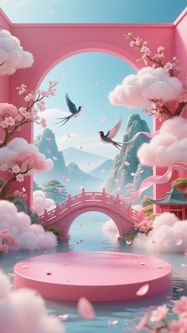 梦幻中式风格，软3D风超现实主义设计，粉色拱桥与飞鸟，营造浪漫仙境氛围。