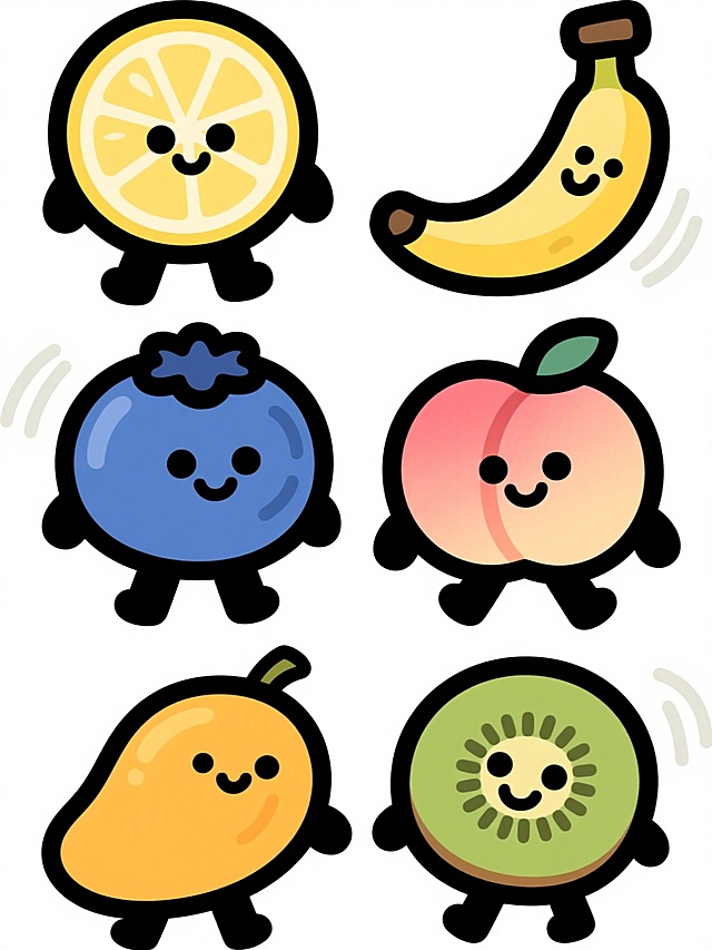 一套6个不同种类的可爱卡通水果角色，每个水果都有圆润的外形和拟人化的表情，包括黑色圆点眼睛和微笑的嘴巴，带有短短的四肢和简单的动态姿势，水果种类分别为柠檬、蓝莓、芒果、香蕉、桃子和猕猴桃，每个水果保持其固有的颜色特征，轮廓为黑色粗线条，内部填充明亮饱和的色彩，背景为纯白色，边缘有轻微的动感线条装饰，整体风格保持Q版、可爱、简洁的2D平面插画风格。