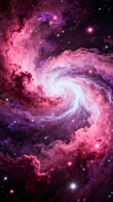 深邃幽暗的宇宙背景中，弥漫着绚烂夺目的粉红色与紫色星云，星云呈现出飘逸的云雾状结构，内部有明亮的白色光带交织穿梭，如同宇宙中的能量脉络，无数闪烁的白色与粉色星星点缀其间，营造出神秘而壮丽的深空氛围，整体画面具有强烈的视觉冲击力和梦幻般的美感。预览效果