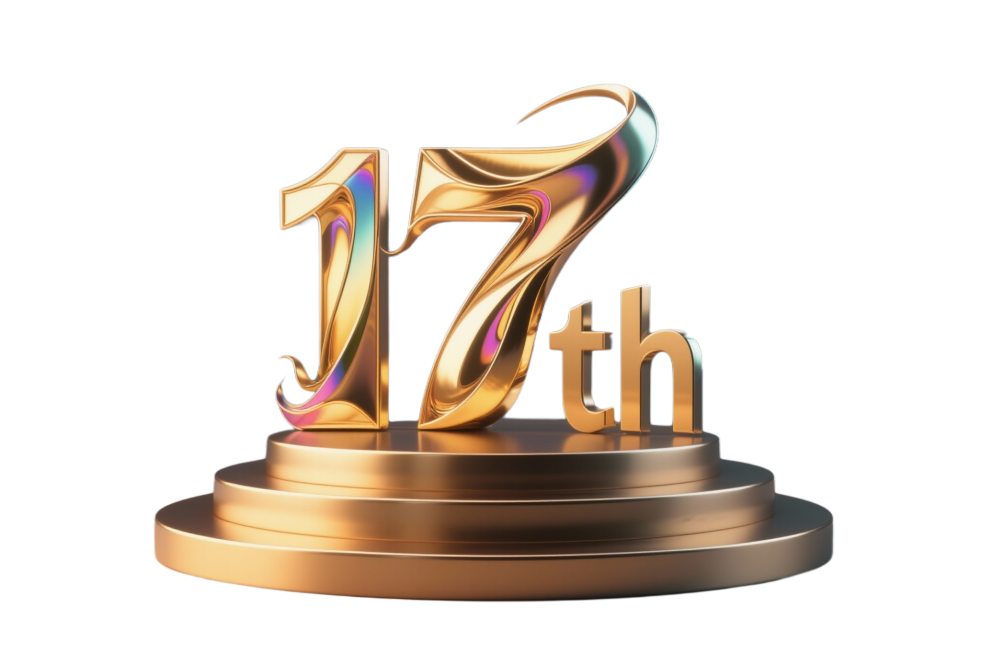金属字体标志"17"“th”，金色为主，带着一些彩金色的光泽，创意字体设计，线条流畅且富有艺术感，将字体进行抽象变形，创造出独特的节奏和动感，底座为多层圆形台阶，突出经典写实金属质感与尊贵感。纯色背景预览效果