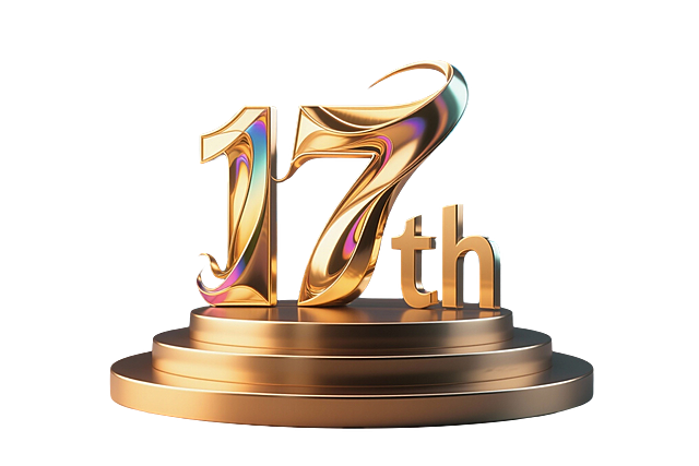 金属字体标志"17"“th”，金色为主，带着一些彩金色的光泽，创意字体设计，线条流畅且富有艺术感，将字体进行抽象变形，创造出独特的节奏和动感，底座为多层圆形台阶，突出经典写实金属质感与尊贵感。纯色背景