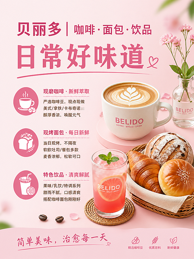 简约清新风格商业级宣传海报，主色调为粉色，主标题"贝丽多｜咖啡·面包·饮品"，醒目副标题"日常好味道"，包含三大品类介绍，每个品类搭配对应图标：☕现磨咖啡 · 新鲜萃取，严选咖啡豆，现点现做，美式/拿铁/卡布奇诺…醇厚香浓，唤醒元气；🍞现烤面包 · 每日新鲜当日现烤，不隔夜，软欧吐司/餐包多款，麦香浓郁，松软可口；🥤特色饮品 · 清爽解腻，果味/乳饮/特调系列，甜而不腻，口感清爽，搭配咖啡面包刚刚好；底部配文"简单美味，治愈每一天"；整体干净明亮，适合烘焙咖啡店宣传，尺寸比例3:4，分辨率2K