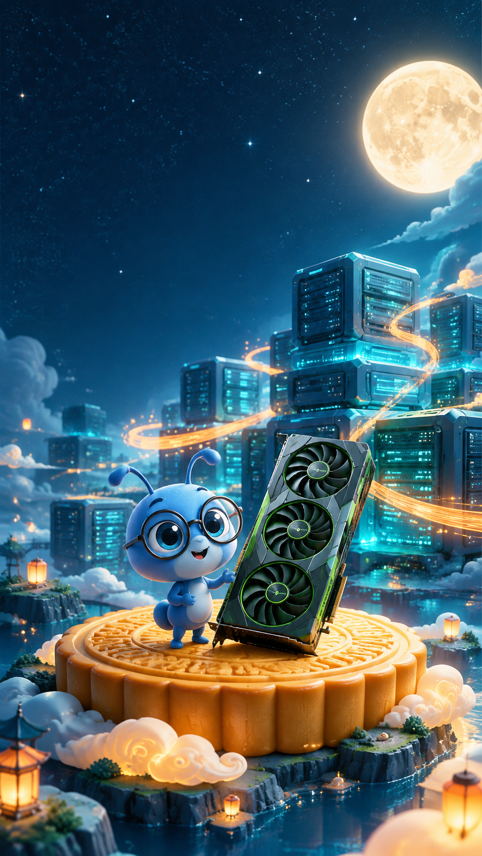 竖版商业海报，C4D 3D渲染，等轴视角，AI算力中心场景。青… - 图片创意预览