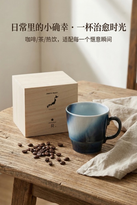 2:3竖版，电商详情使用场景屏，日式侘寂风沉浸式桌面场景，高级简约木质桌面环境，星巴克 JIMOTO Made+ Nakayo 马克杯自然摆放，搭配咖啡豆与亚麻餐布，严格还原上传的产品图，包括包装设计预览效果