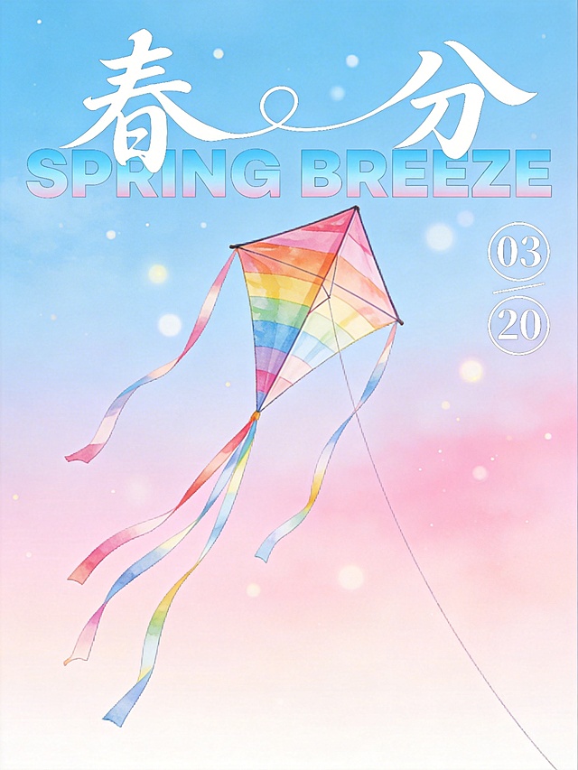 风格：马卡龙粉+浅蓝渐变，清新手绘，明亮通透
画面：彩虹风筝悬于中央，丝带飘动，背景浅蓝→粉渐变天空，点缀光斑
文字排版：
- 主标题：「春分」现代创意书法，横排顶部，笔画带曲线
- 英文：「SPRING BREEZE」粗体无衬线体，浅蓝渐变，嵌入标题间隙
- 日期：「03/20」竖排宋体，右侧，带圆形边框
氛围：活泼明快，高级清新