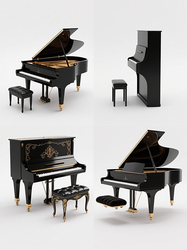 超写实3D渲染风格，纯黑色钢琴与配套黑色皮质琴凳，金色金属装饰细节，高光与阴影处理细腻，光滑亮面质感，白色纯色背景，系列素材集合包含四个完全不同造型的钢琴元素内容：第一个是经典三角钢琴配琴凳，第二个是现代立式钢琴配简约琴凳，第三个是复古雕花钢琴配天鹅绒琴凳，第四个是未来感流线型钢琴配悬浮式琴凳，所有钢琴元素规整排布成2x2网格布局，保持统一的黑色主调、金色点缀及超写实3D渲染风格，确保每个钢琴造型独特且细节精致，整体构图平衡对称，视觉层次清晰。