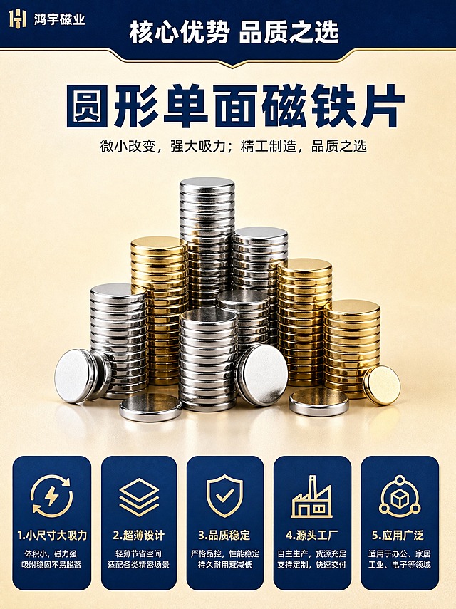 [商品] 使用【图2】圆形单面磁铁片产品；保留圆形微型磁铁的形状和银色金属质感，突出微型尺寸；精修增强金属光泽。
[画面] 页面目标：核心卖点总览，5大核心优势清晰呈现。上下构图，上半部分标题+产品展示，下半部分5个卖点横向排列。画面上方中央展示多枚圆形单面磁铁堆叠成柱的产品阵列，金银两色都有，产品占画面约40%。下方5个深蓝色圆角信息卡横向排列，每个卡片配一个浅金色图标和卖点文字。背景为浅米色渐变，顶部有深蓝色标题条。左上角文字"鸿宇磁业"。
[视觉] 套系策略：风格=蓝金工业品质风，源头工厂专业感；标题字=现代粗黑体，厚重有力；正文字=简洁无衬线体；主色=深蓝色+米金色；背景延展=浅米色渐变底，带细微颗粒质感；强调色=浅金色，用于图标和重点标注；标题色=深蓝色；正文色=深灰色；组件=深蓝色圆角信息卡、浅金色线性图标；光影=均匀柔光，产品清晰立体，金属质感强烈。
[文字] 顶部深蓝色条白字写"核心优势 品质之选"。下方5个卖点卡横向排列：1.小尺寸大吸力；2.超薄设计；3.品质稳定；4.源头工厂；5.应用广泛。每个卖点卡下方配一行小字说明。文字全部横排，字号保证手机端可读。
[规格] 图片比例3:4竖版，2K分辨率，避免变形、错字、文字过小、产品结构失真、悬浮感、水印、平台Logo。