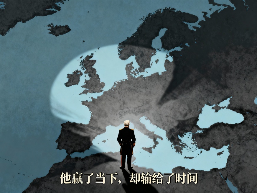 结尾图提示词

俾斯麦背影插画，站在欧洲地图前，地图逐渐被阴影吞没，象征历史无法控制的后果，低饱和度，哲学感强

📝 图文案

“他赢了当下，却输给了时间”预览效果