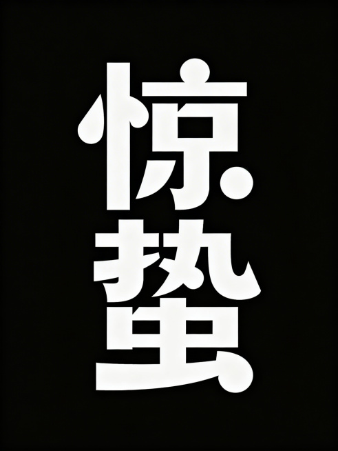 纯黑色背景，白色“惊蛰”复古八十年代上海美术字风格，字体夸张变形，笔划造型结合圆形、矩形等几何图形预览效果