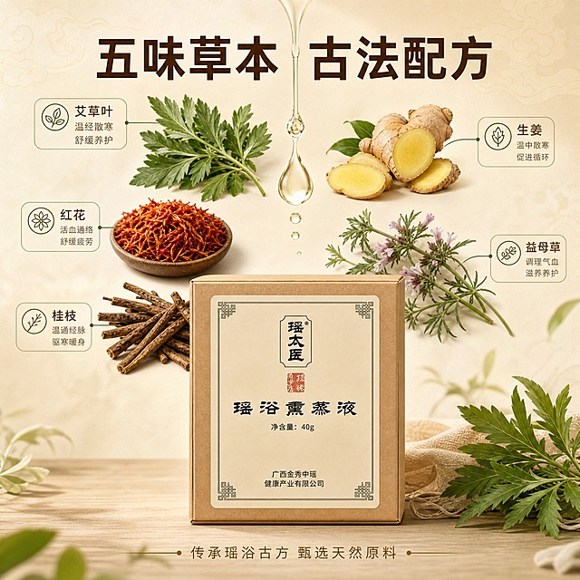 [主图-2] 核心功效成分解析 展示瑶太医瑶浴熏蒸液的草本成分与养护功效，强调天然植萃配方。产品外盒为牛皮纸盒，正面标签样式必须与参考袋装标签完全一致：米黄色底、四角回纹图案、上方竖排"瑶太医"品牌名带注册商标、中间红色印章图案、中间大字"瑶浴熏蒸液"、下方"净含量：40g"、最下方"广西金秀中瑶健康产业有限公司"。
[统一基调] 整体风格为中式草本养生风，温润自然，主色调为原木米色+艾草绿+暖棕点缀，主标题字体为干净非衬线体粗体，深棕色字，辅助文字为浅棕色小号字，卡片样式为圆角浅米色半透明底配细绿边，图标为简约线性风格。
[画面] 产品牛皮纸盒位于画面下方居中，占比约35%，标签样式严格按照参考图。上方环绕悬浮着多种真实草本原料：艾草叶、生姜片、红花、益母草、桂枝，每种草本旁有细线引出标注名称。中间有淡淡的草本精华液滴缓缓落下的动态感。背景为浅米色，带有细微的中式云纹暗底。
[光影质感] 商业摄影质感，顶光柔和打亮草本原料，叶片纹理清晰，草本颜色鲜艳自然，产品盒有自然光影过渡，整体通透温润。
[配色] 主色原木米色，辅色艾草绿，草本原色自然呈现，文字深棕色。
[文字版式] 顶部主标题大字"五味草本 古法配方"，下方每种草本原料旁有小号文字标注名称，底部有一行小字"传承瑶浴古方 甄选天然原料"。文字布局在负空间，不遮挡产品和主要草本。
[输出要求] 比例1:1，文字清晰可读，产品外观标签与参考一致，草本真实自然，无水印无平台Logo。负向：产品变形 错字 模糊 杂乱 水印 抖音Logo 悬浮感过重 穿模 标签样式错误