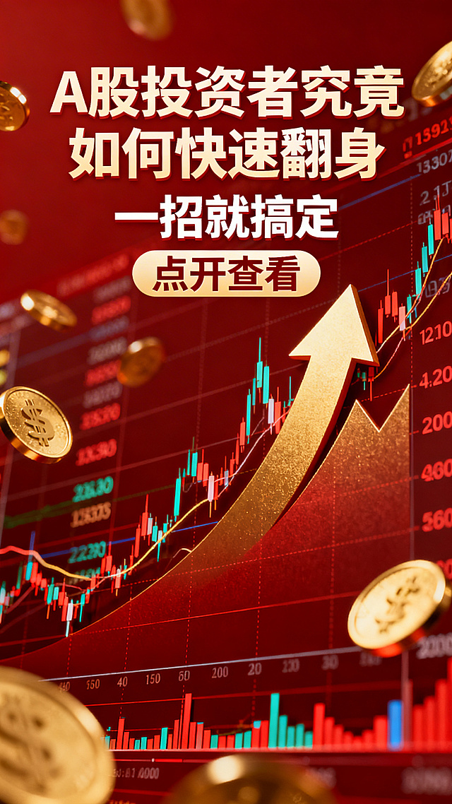 金融投资主题封面图，标题文字"A股投资者究竟如何快速翻身 一招就搞定 点开查看"，红金色调，大气吸睛，财经自媒体风格，背景为上涨的股市K线图，元素包含金融数字和箭头，整体专业有吸引力