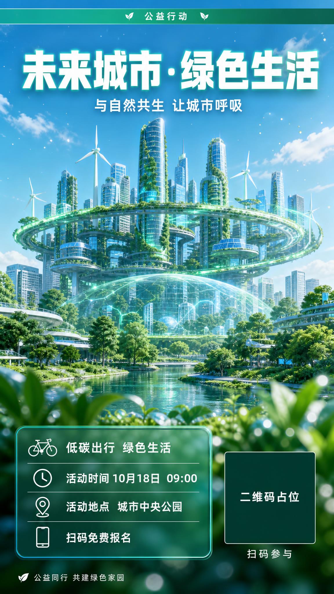 未来城市·绿色生活 公益活动海报，9:16竖版。整体为3D渲染… - 图片创意预览