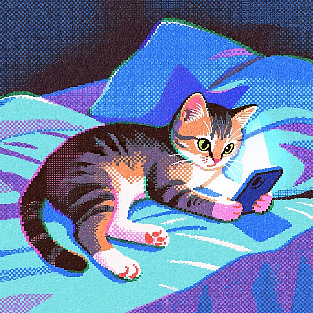 像素风可爱猫咪拟人化设计，萌趣表情与手机互动，色彩斑斓，童趣十足。