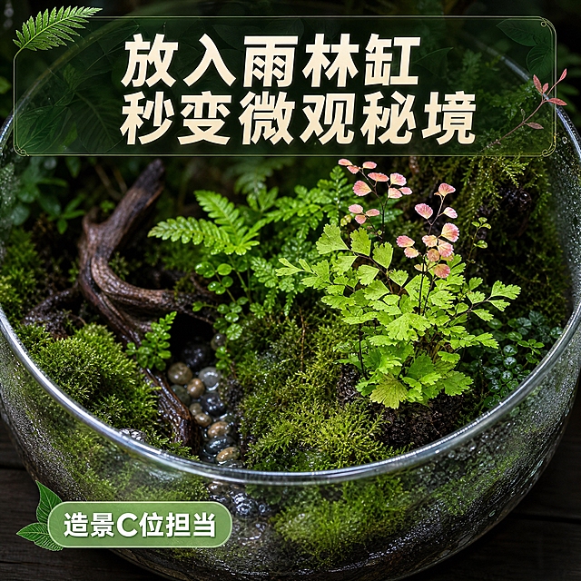 [主图-3] 雨林造景场景应用（生态缸/微景观效果）。
[统一基调] 热带雨林真实质感，自然生态商业摄影风格，背景主色为深绿与苔藓绿，标题字色为米白与浅金色，辅助字色为浅草绿，强调色为嫩粉（呼应铁线蕨粉叶），字体为简洁现代无衬线粗体，字号层级分明，卡片与图标采用半透明雨林叶片纹理轻边框样式，整体氛围湿润、清新、有生命力。
[画面] 柔情铁线蕨小苗种植在一个玻璃生态雨林缸中，成为微观造景的一部分。45°俯视视角，主体（铁线蕨）位于造景中偏右位置，占画面约40%。造景内有：湿润的白发藓苔藓地面、小型沉木、迷你溪流石、背景是攀爬的小型蕨类和苔藓，缸壁有细微水雾凝结，营造真实雨林生态缸氛围。缸外背景为深色木质桌面，虚化处理。上方主标题"放入雨林缸 秒变微观秘境"，左下角有小标签"造景C位担当"。
[光影质感] 缸顶模拟自然光柔和照射，缸内有湿润的空气感，苔藓有湿润光泽，蕨叶有自然透光，玻璃缸壁有真实反光与水雾，整体为生态造景摄影质感，层次丰富。
[配色] 深绿苔藓 + 嫩绿蕨叶 + 嫩粉点缀 + 玻璃透明感 + 米白标题。
[文字版式] 主标题大号粗体米白色，位于画面上方居中，带轻微半透明深绿底衬确保可读性，小标签为圆角浅绿底白字，位于左下角。
[输出要求] 1:1正方形，产品形态与输入一致，造景自然真实，文字清晰，负向：变形、错字、模糊、杂乱、水印、平台Logo、人手、塑料感、造景元素违和。
