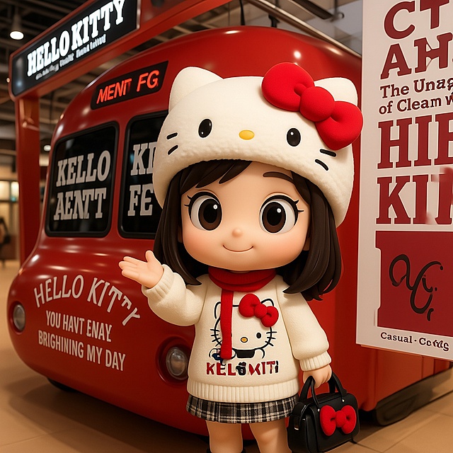 软3D风拟人化Hello Kitty少女，融合可爱与时尚感，毛发生长细节精致，塑料质感搭配卡通元素，营造甜蜜温馨的潮流氛围。