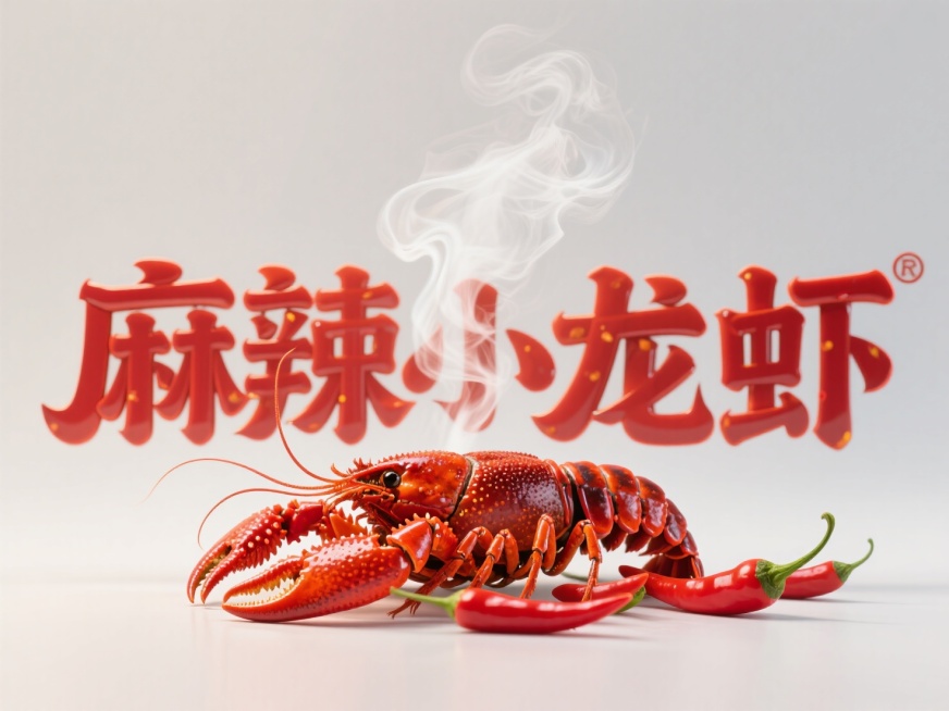 一个用小龙虾做成的“麻辣小龙虾”大字，下面是辣椒，上面冒着热气预览效果
